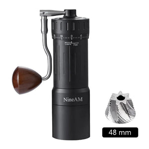 Moulin à café manuel M1/Pro 48 mm à meules coniques en acier inoxydable – version améliorée 2024, corps en aluminium et bois