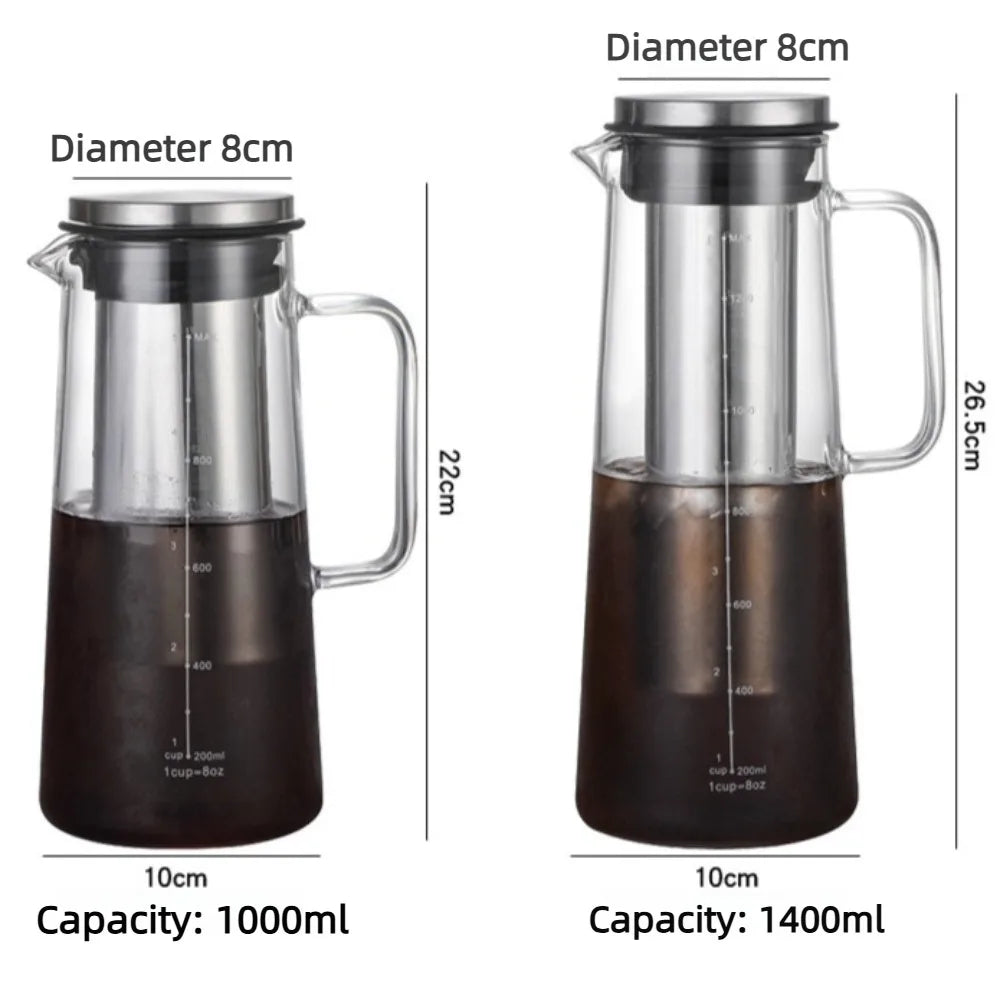 Carafe en verre pour infusion à froid 1000/1400 ml avec filtre intégré – Pichet à café glacé pour réfrigérateur