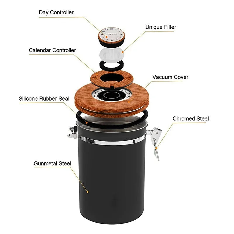 Boîte de conservation hermétique en acier inoxydable 304 1,8 L – Récipient pour grains de café, épices et aliments secs